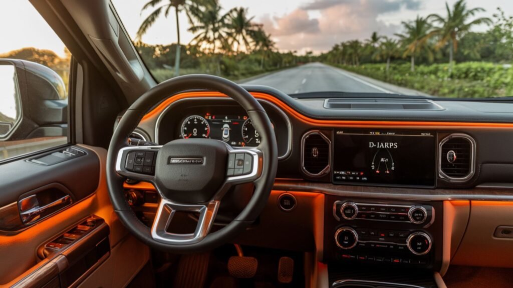 A meticulously detailed photograph of a modern vehicle's dashboard during golden hour. The premium leather-wrapped steering wheel features chrome accents, while the digital instrument cluster displays pristine readings.