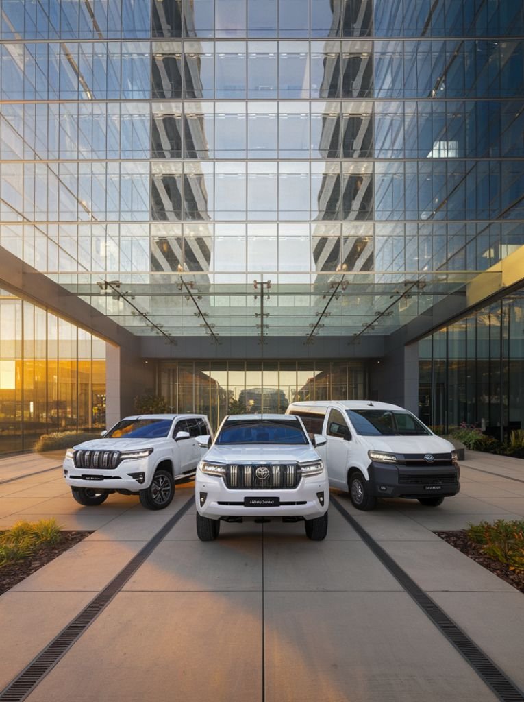 Three white Toyota vehicles - Prado, Hiace, and Coaster - arranged in a symmetrical formation at Guardian Life Centre's modern entrance plaza during golden hour