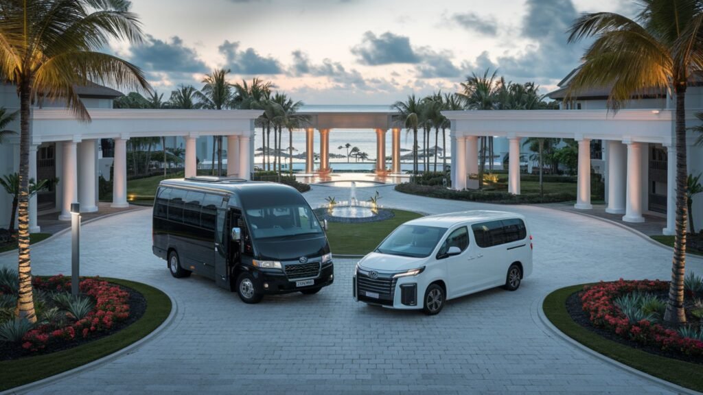 Luxury transport vehicles at Sandals Ochi entrance