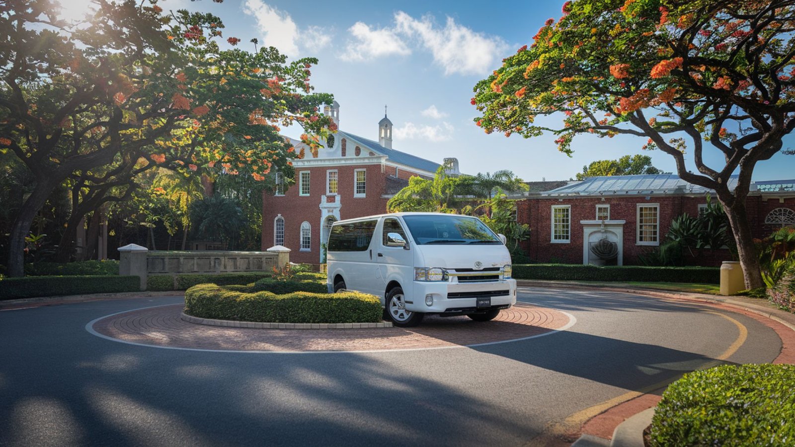 White transport van at prestigious Jamaican school entrance