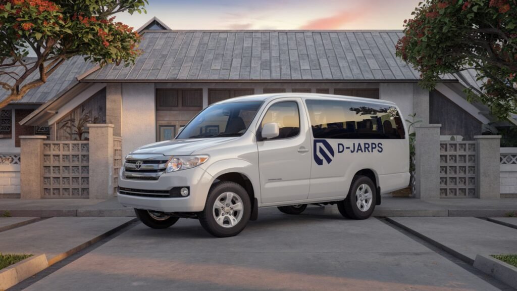 Modern white Toyota Coaster bus with professional school transport markings, arriving at a Jamaican school entrance during sunrise, representing safe and reliable student transportation