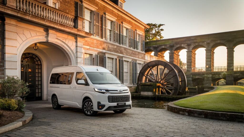 White Toyota Hiace Grand Cabin at Tryall Club's great house entrance during sunset, with property's historic aqueduct visible in background