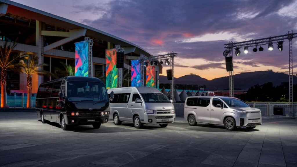 Multiple transport vehicles at National Stadium entrance