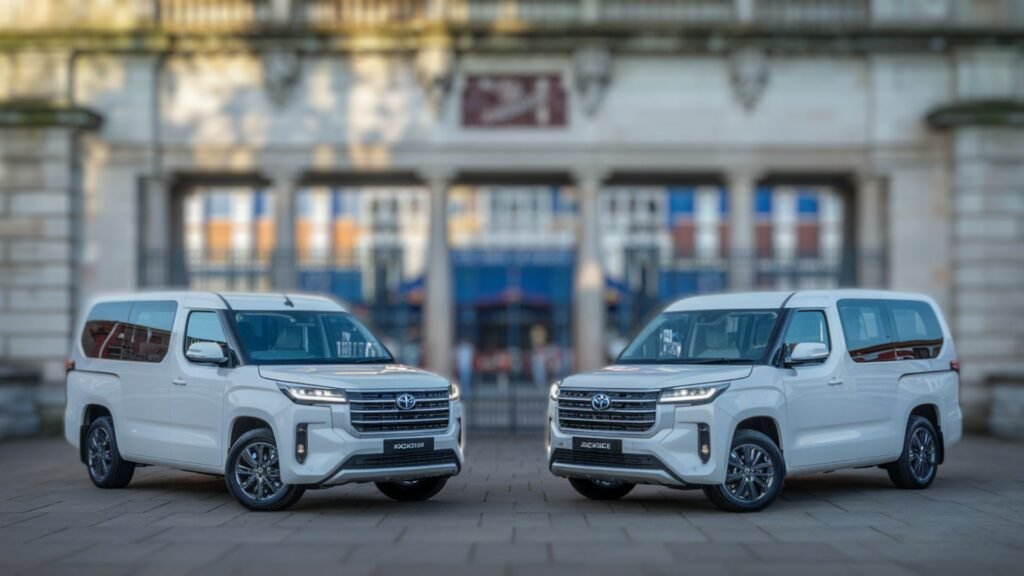 Two white Toyota Coasters positioned at Sabina Park's historic entrance during early morning cricket match setup