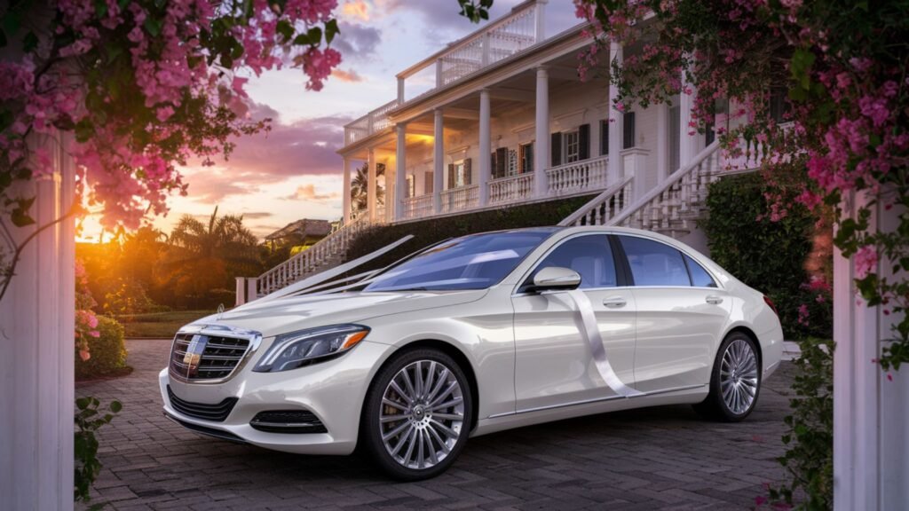 Classic white Mercedes-Benz S-Class sedan adorned with subtle wedding ribbons at a historic Jamaican great house, perfect for special occasions