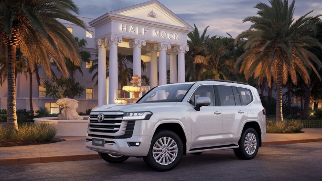 Top-tier white Toyota Land Cruiser 300 Series positioned at Half Moon Resort's royal entrance at dusk, epitomizing VIP transportation luxury