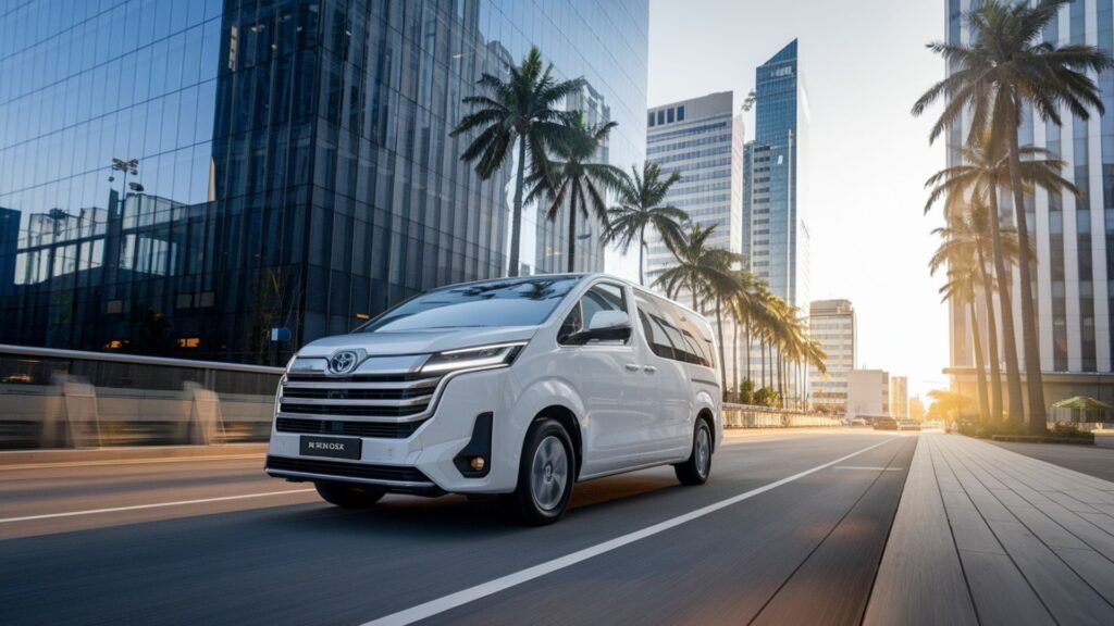 Premium white Toyota Hiace Grand Cabin navigating through New Kingston's financial district during golden hour, symbolizing seamless business district transportation