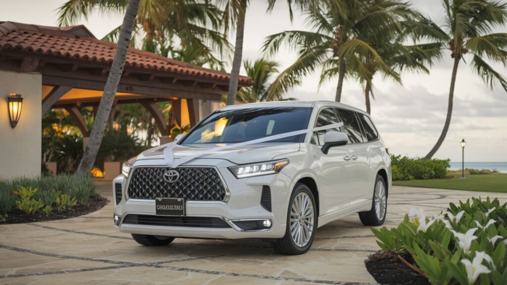 White Toyota Coaster with decorative ribbon at the classic Laughing Waters villa entrance during golden hour, palm trees and tropical flowers framing the scene