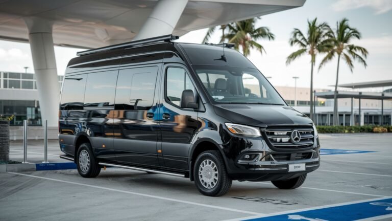 A luxury Mercedes-Benz Sprinter van stationed at Sangster International Airport's premium pickup area. The vehicle's metallic black exterior gleams under Jamaica's tropical sun, while its tinted windows and chrome accents reflect professionalism and comfort.